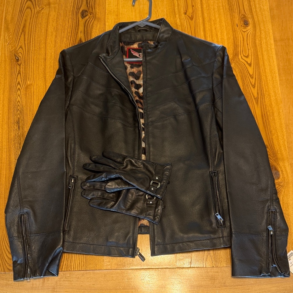 Women’s Black Leather Jacket with Matching Gloves